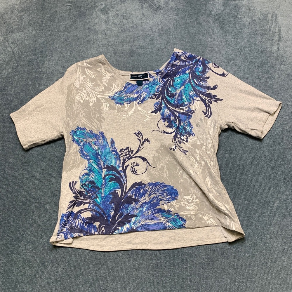 Karen Scott T Shirt Womens 2X Gray Hazy Peacock Print Cotton V Neck Summer Tee